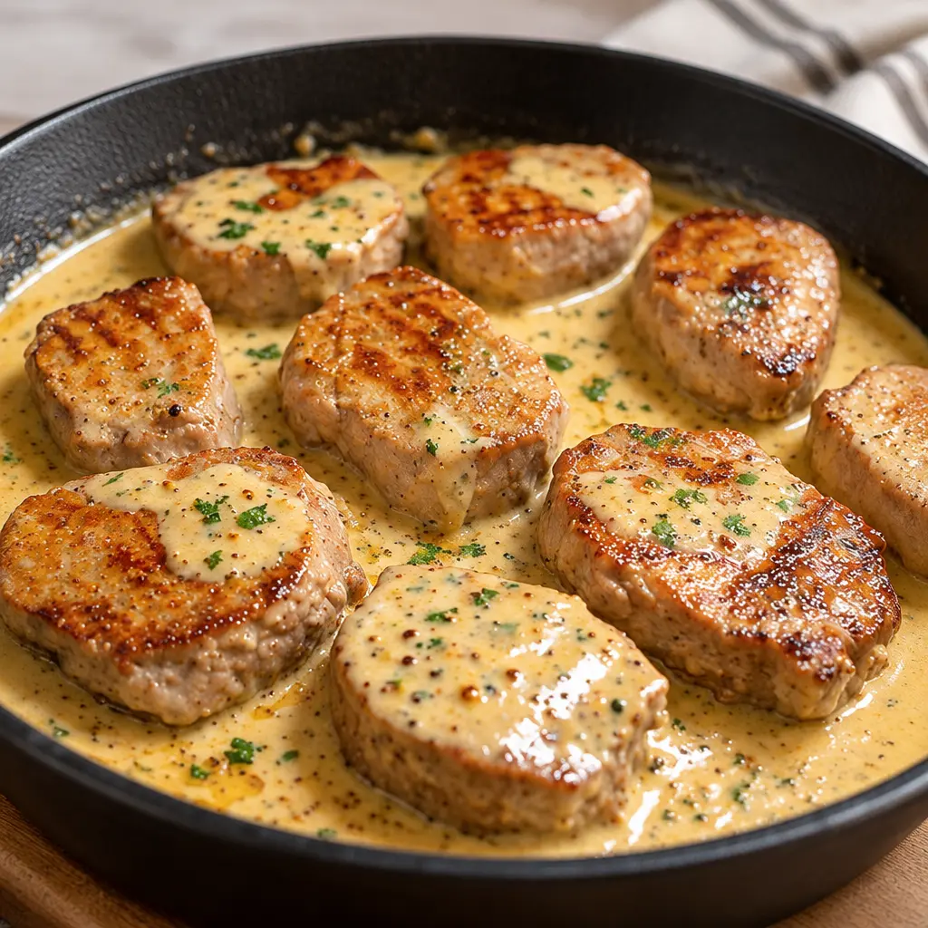 Médaillons de porc à la moutarde, sauce nappante