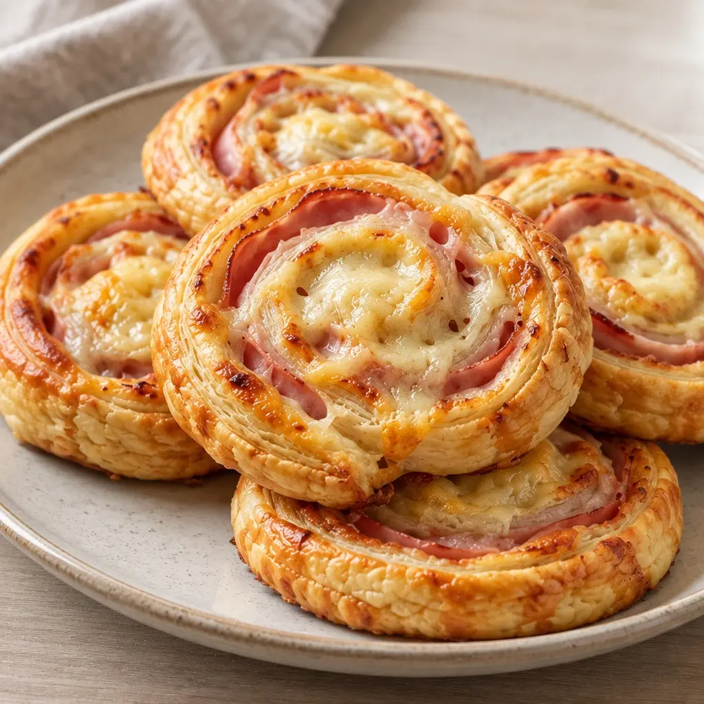 Roulés feuilletés au jambon et au fromage, croustillants