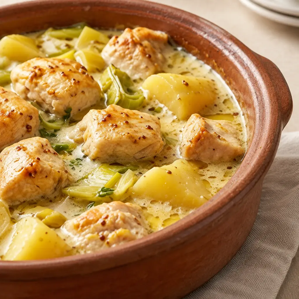 Cocotte de poulet aux poireaux, sauce crémeuse