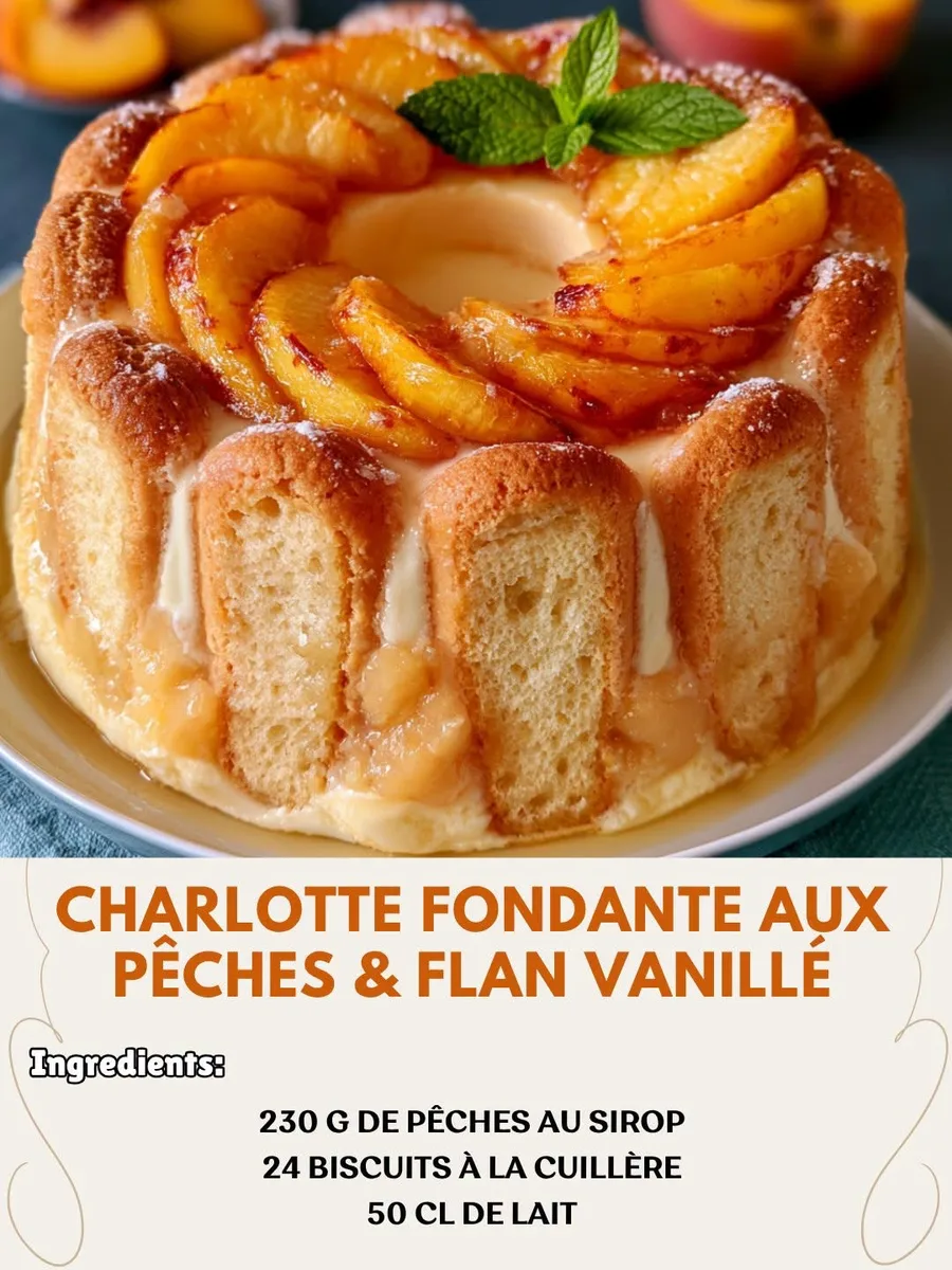 Charlotte fondante aux pêches & flan vanillé