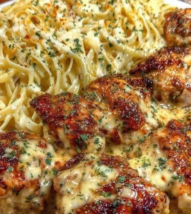 Bouchées de poulet au beurre à l'ail avec des pâtes crémeuses au parmesan