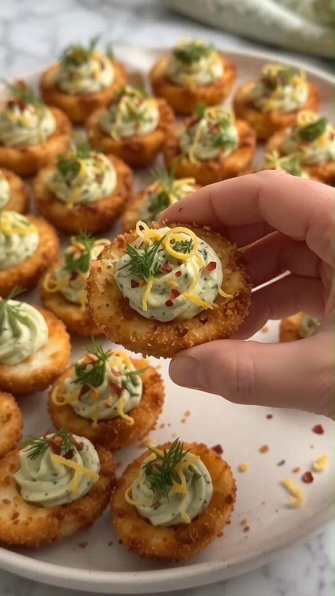 Œufs mimosa croustillants frits avec crème aux herbes