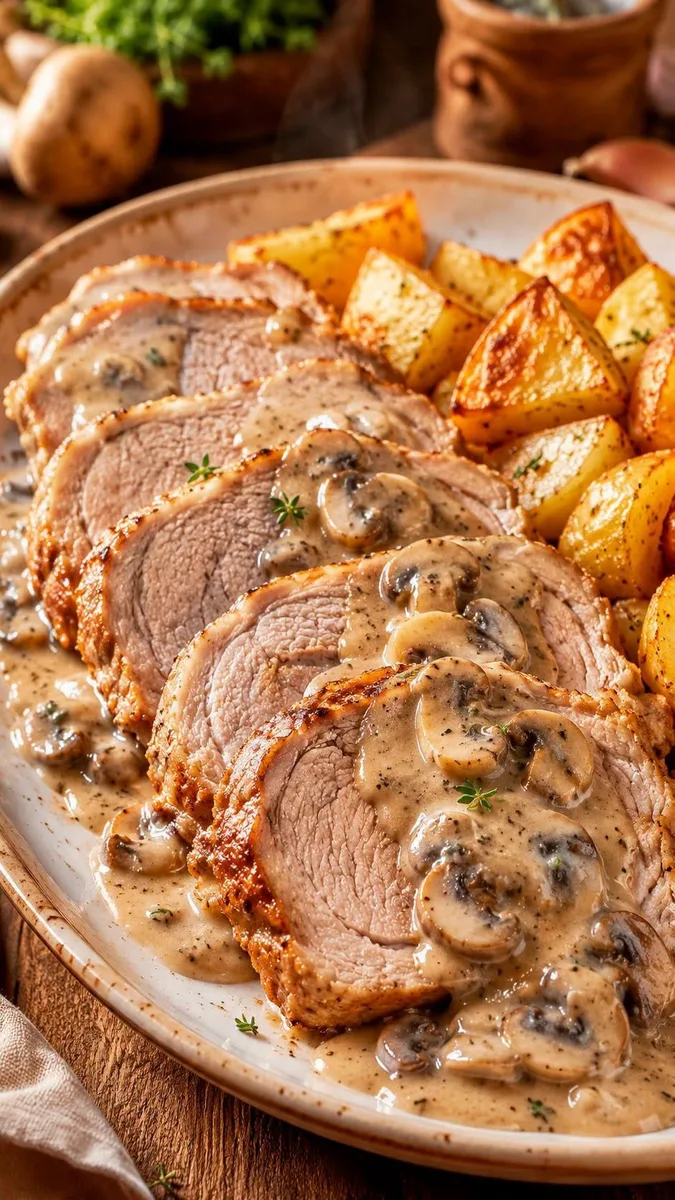 Longe de porc rôtie au four, sauce aux champignons