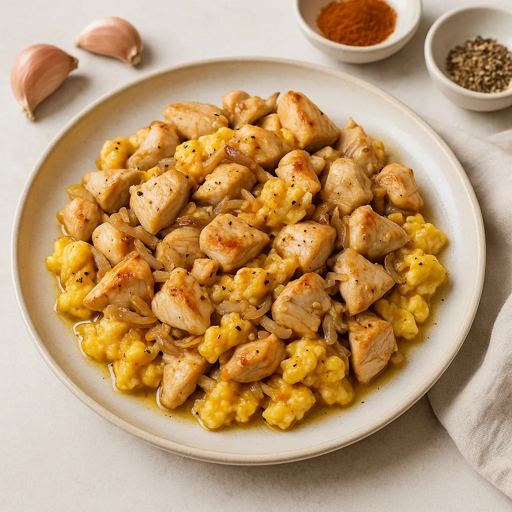 Poulet Sauté aux Œufs Brouillés