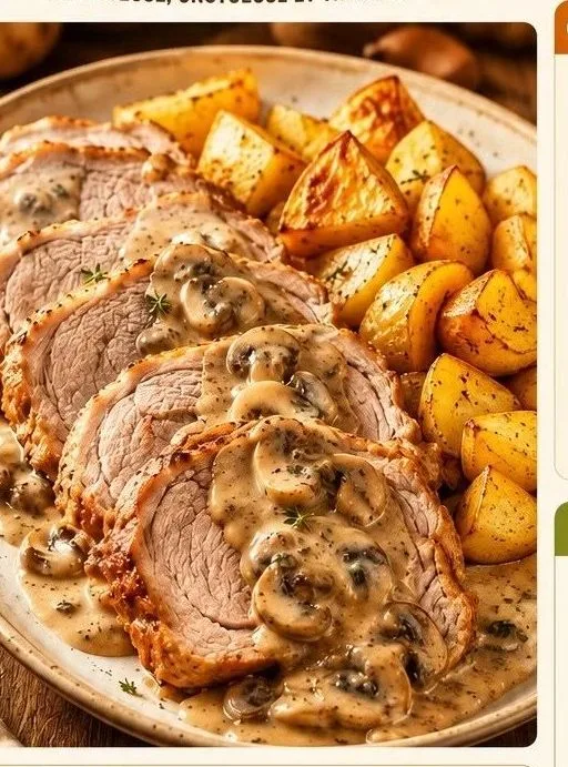 Rôti de porc au four - Sauce aux champignons