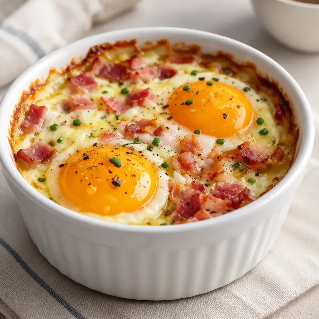 Œufs cocotte aux lardons, crémeux et gratinés