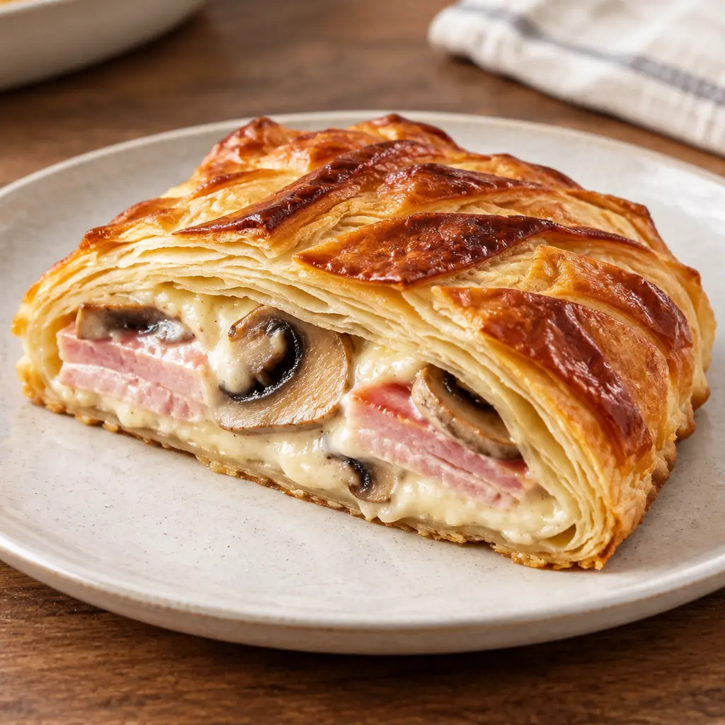 Feuilleté doré au jambon et aux champignons