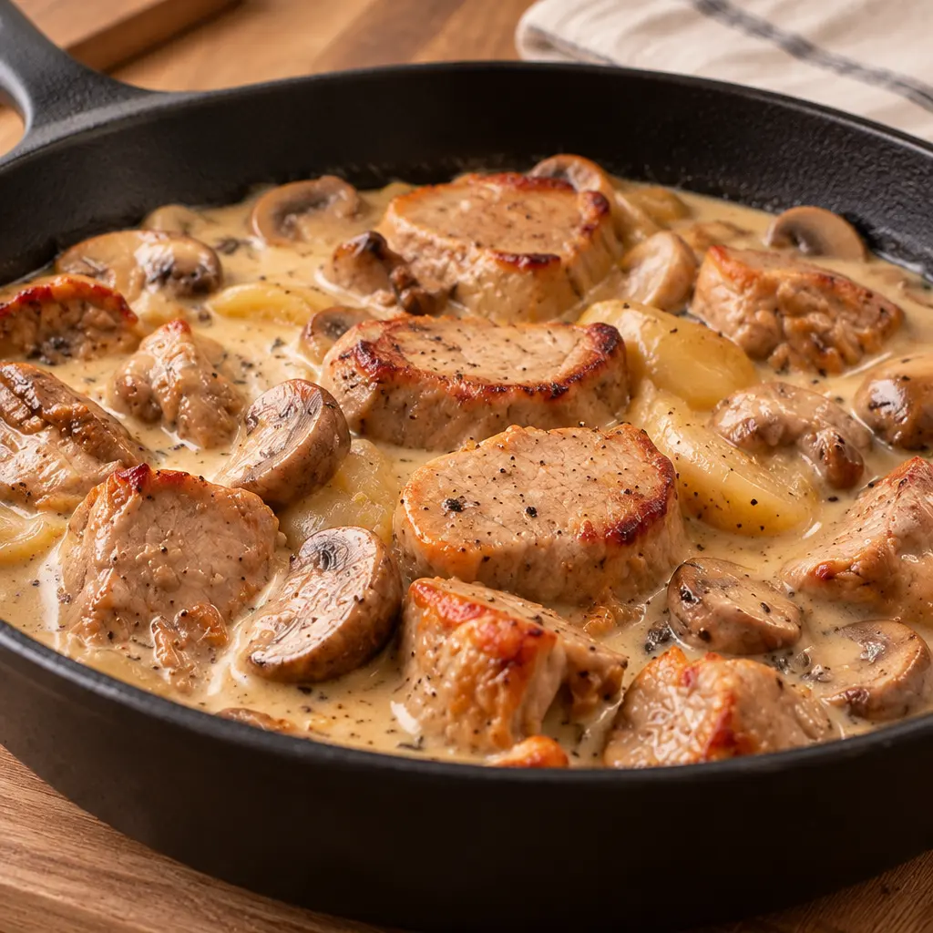 Filet mignon crémeux aux champignons, tendre et doré