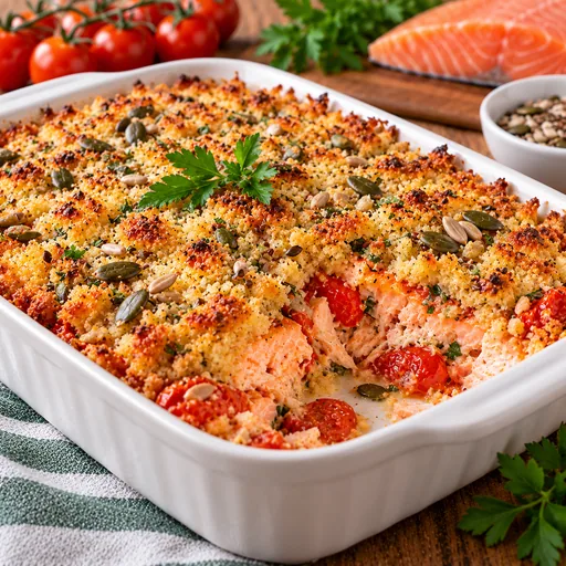 Crumble de saumon et tomates aux graines