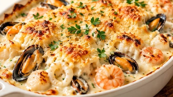 Gratin de fruits de mer, sauce crémeuse et gratinée