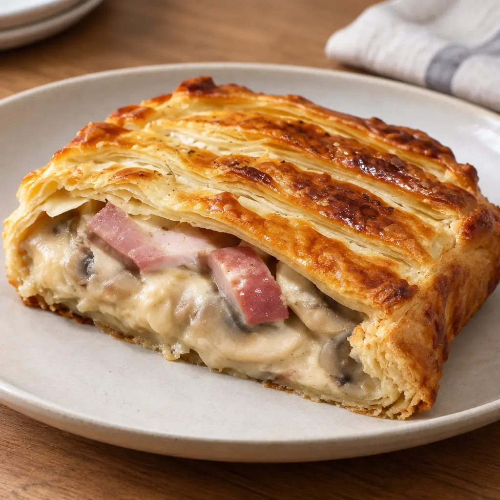 Feuilleté croustillant aux champignons et au jambon