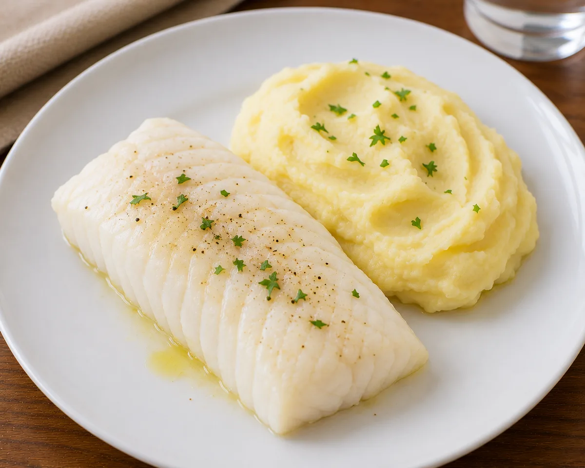 Filet de cabillaud vapeur, purée de pomme de terre maison (ingrédient modifié)