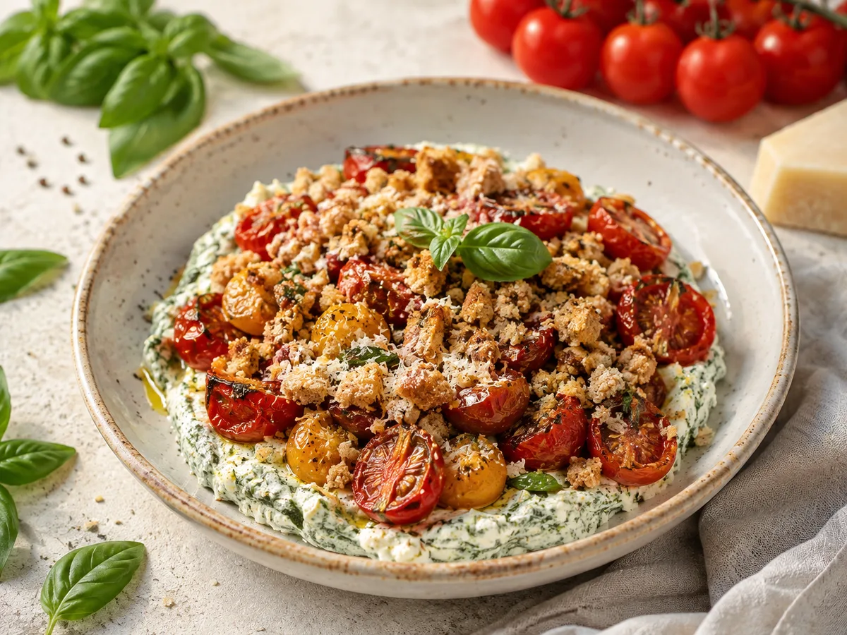 Crumble de tomates cerises rôties avec crème de ricotta au basilic et parmesan