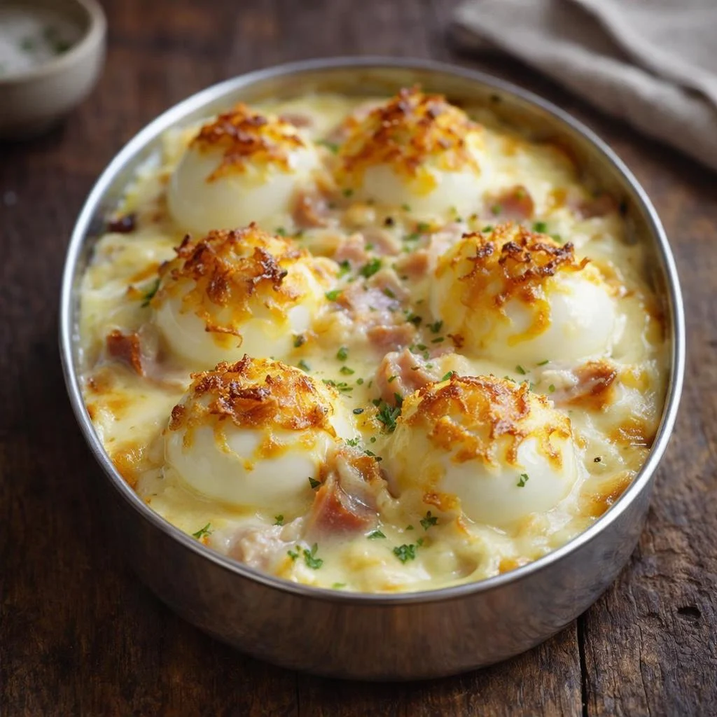 Gratin d’œufs durs au poulet et béchamel fromagée
