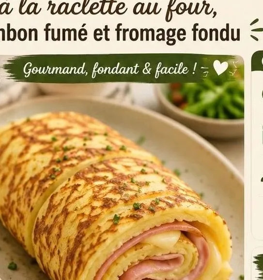 Roulé de pommes de terre à la raclette au four, jambon fumé et fromage fondu