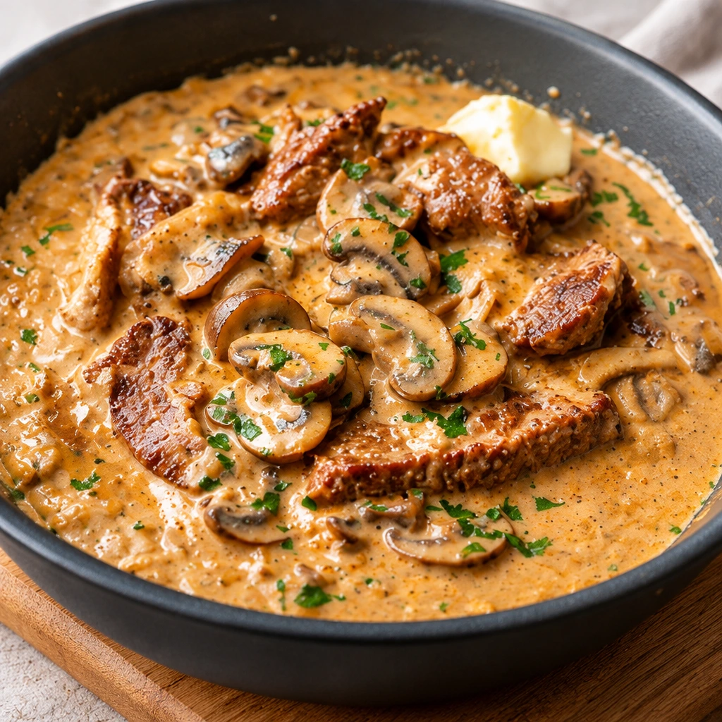 Bœuf aux champignons, sauce crémeuse et viande dorée
