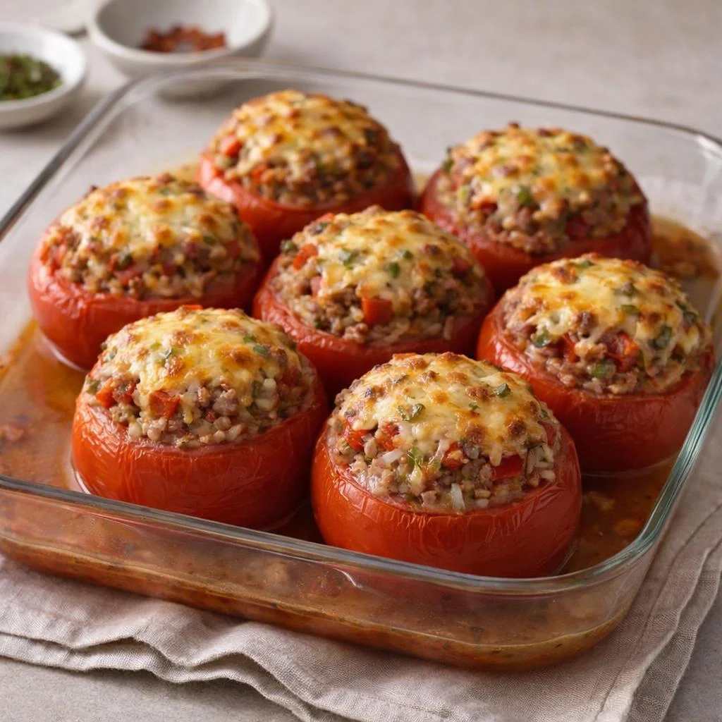 Tomates farcies au riz, viande hachée et fromage râpé (cuisson au four)