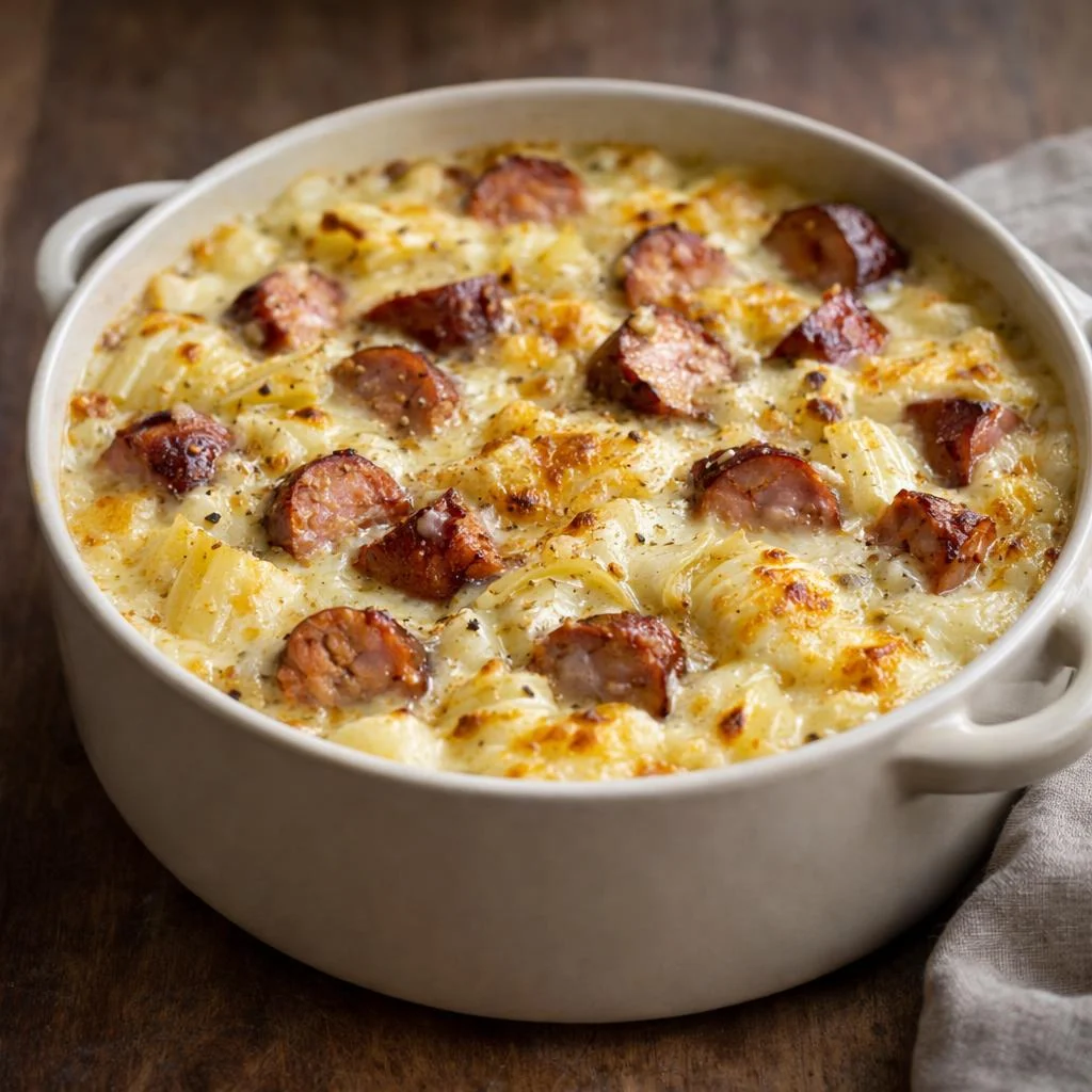 Fondue d’endives aux saucisses fumées au gratin