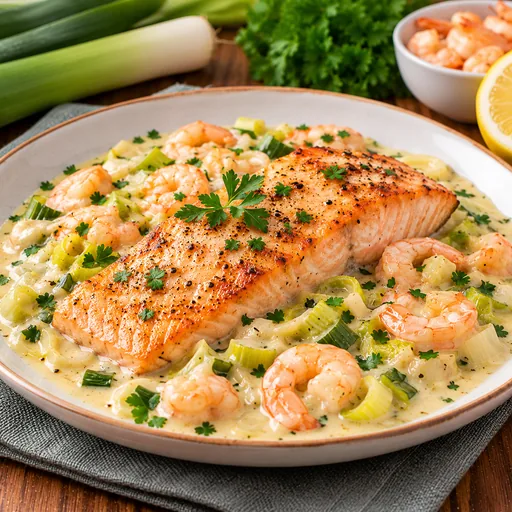 Pavé de saumon sauce crevettes et poireaux