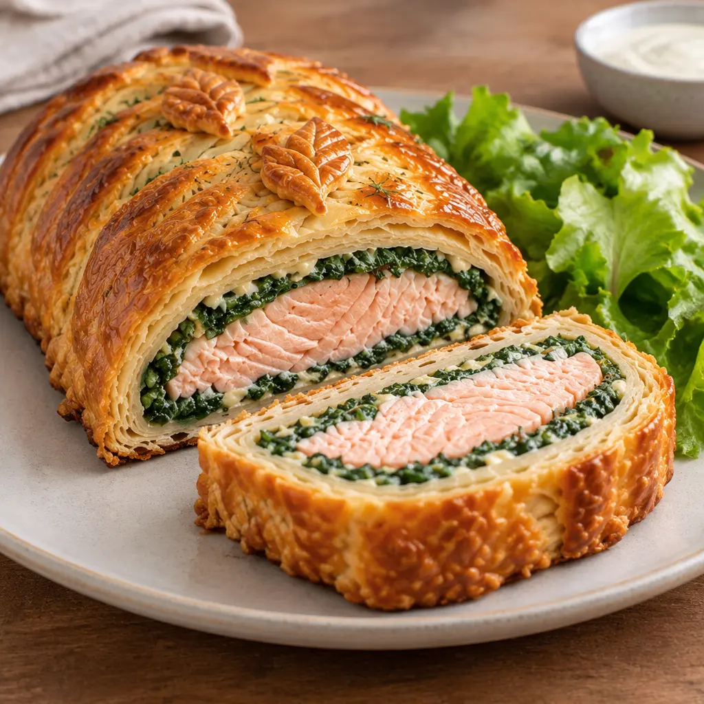 Saumon en croûte aux épinards, doré et fondant