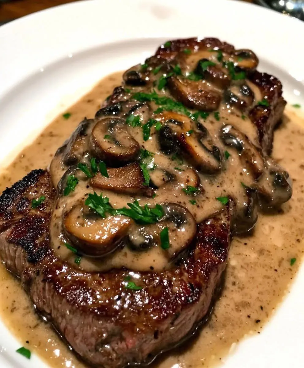 Steak avec une sauce crémeuse aux champignons