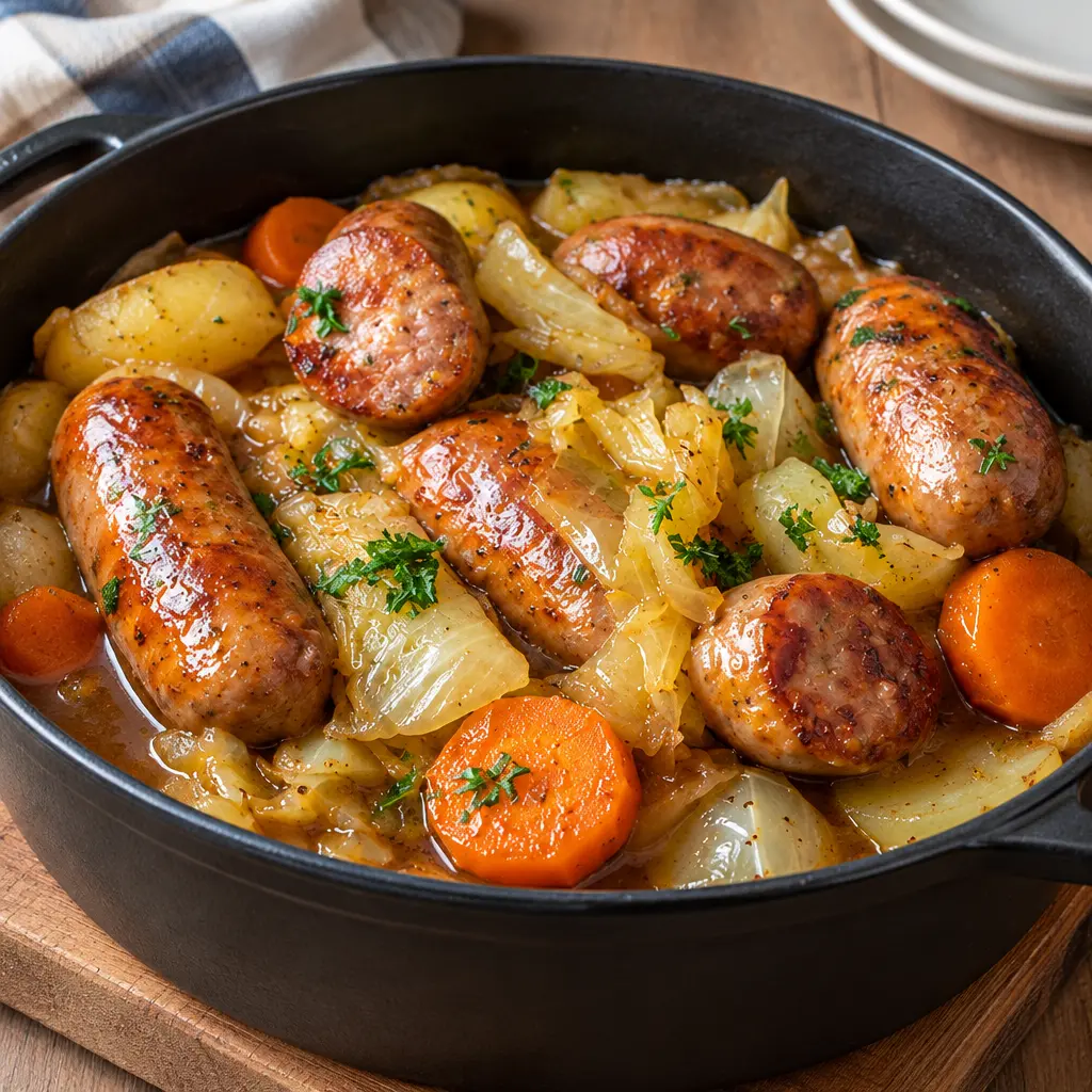 Ragoût rustique aux saucisses, fondant et ambré
