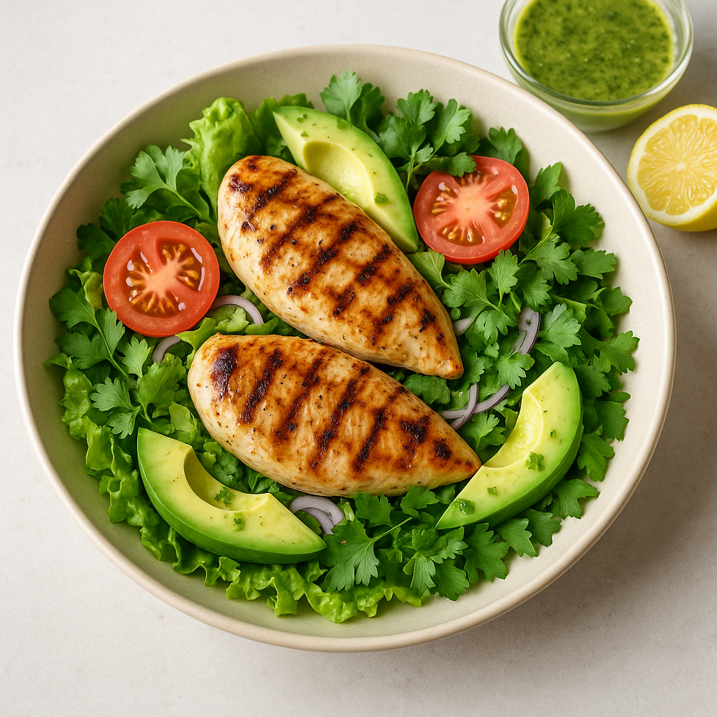Salade de poulet grillé à l'avocat et vinaigrette au basilic