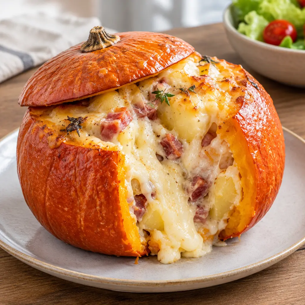 Potimarron farci aux pommes de terre, gratiné au camembert