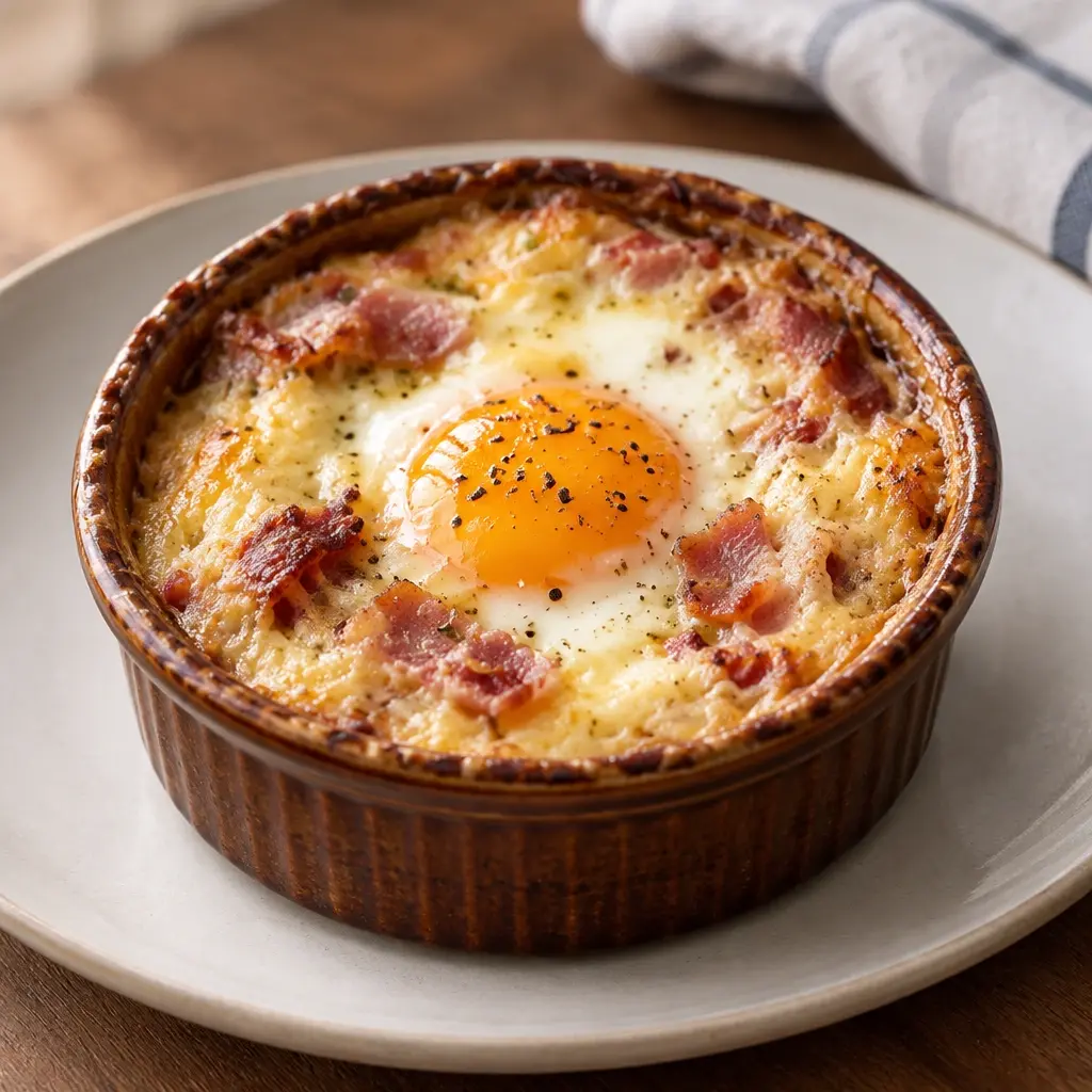 Œufs cocotte au lard, crémeux et bien gratinés