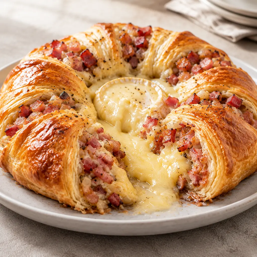 Couronne feuilletée au camembert et au bacon, dorée et coulante