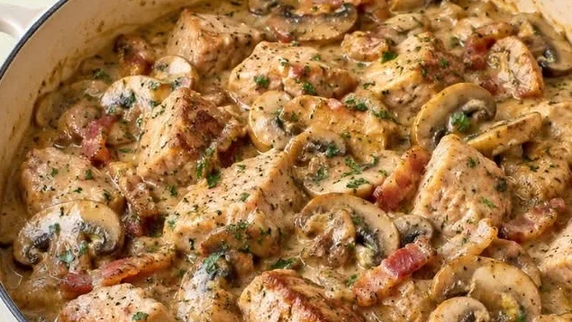 Sauté de Porc Forestier aux Champignons – Sauce Crémeuse et Viande Fondante
