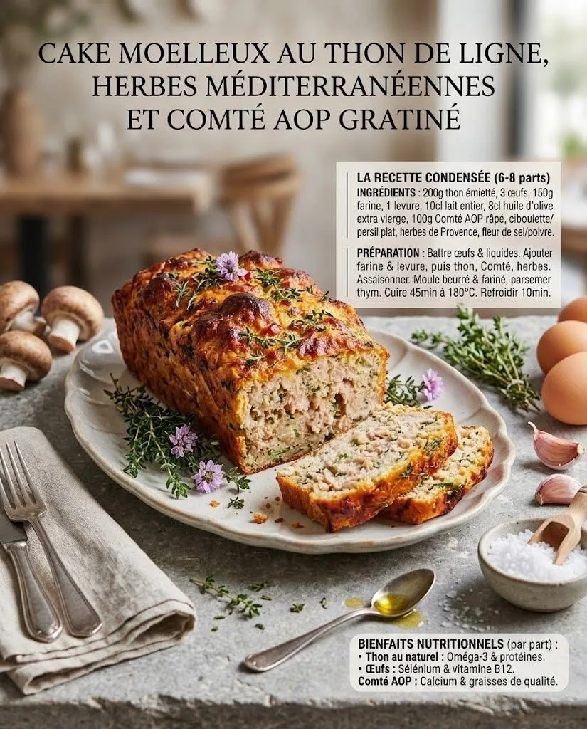 Cake moelleux au thon de ligne, herbes méditerranéennes et Comté AOP gratiné
