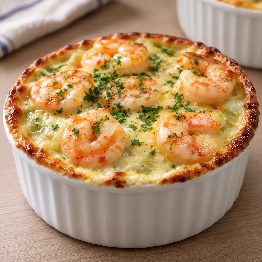 Gratin de crevettes et de poireaux, fondant et doré