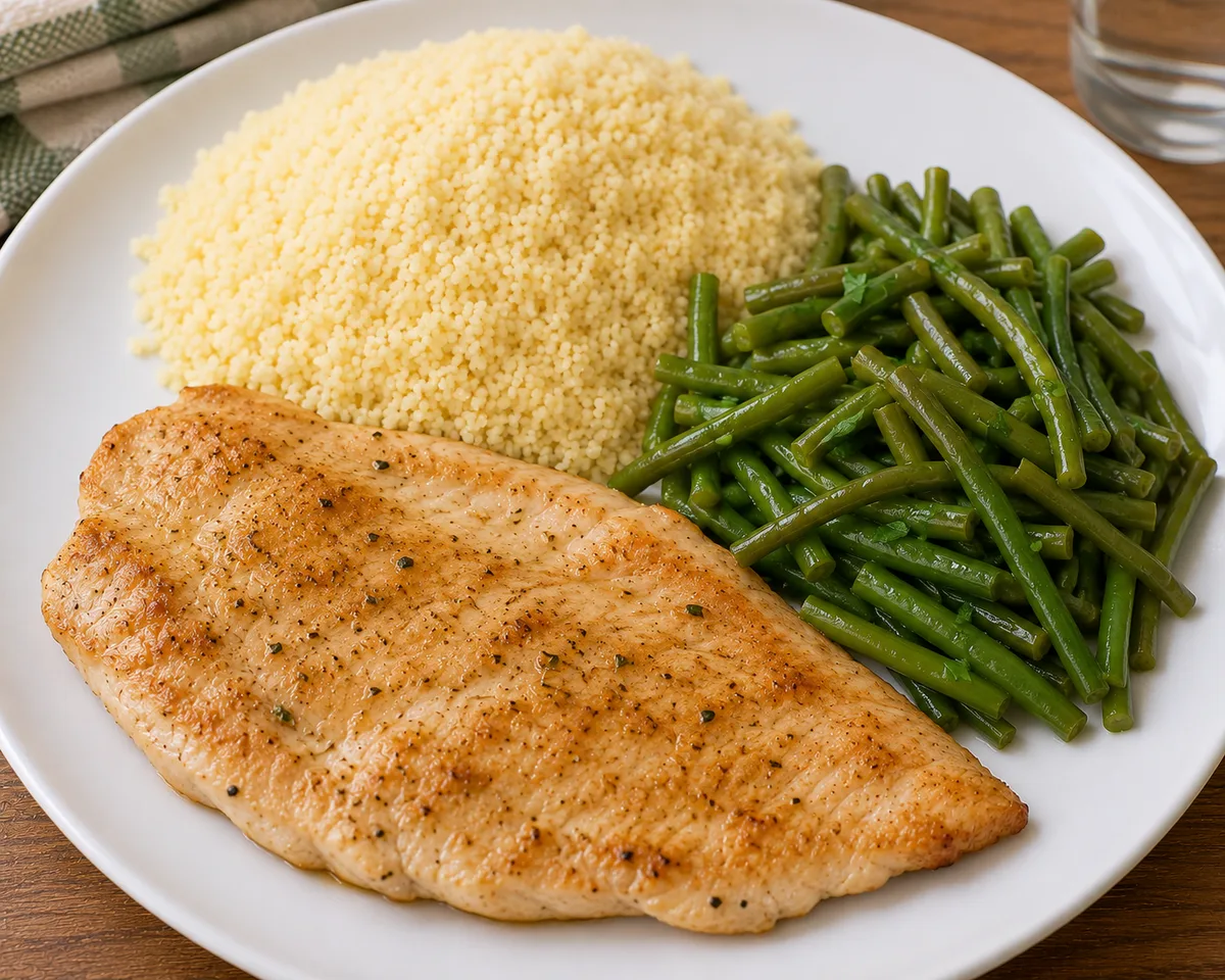 Escalope de dinde poêlée, semoule fine et haricots verts fins fondants
