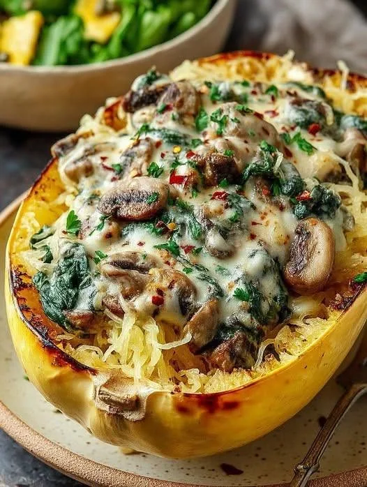 Courge spaghetti farcie aux épinards et aux champignons, crémeuse et végétalienne