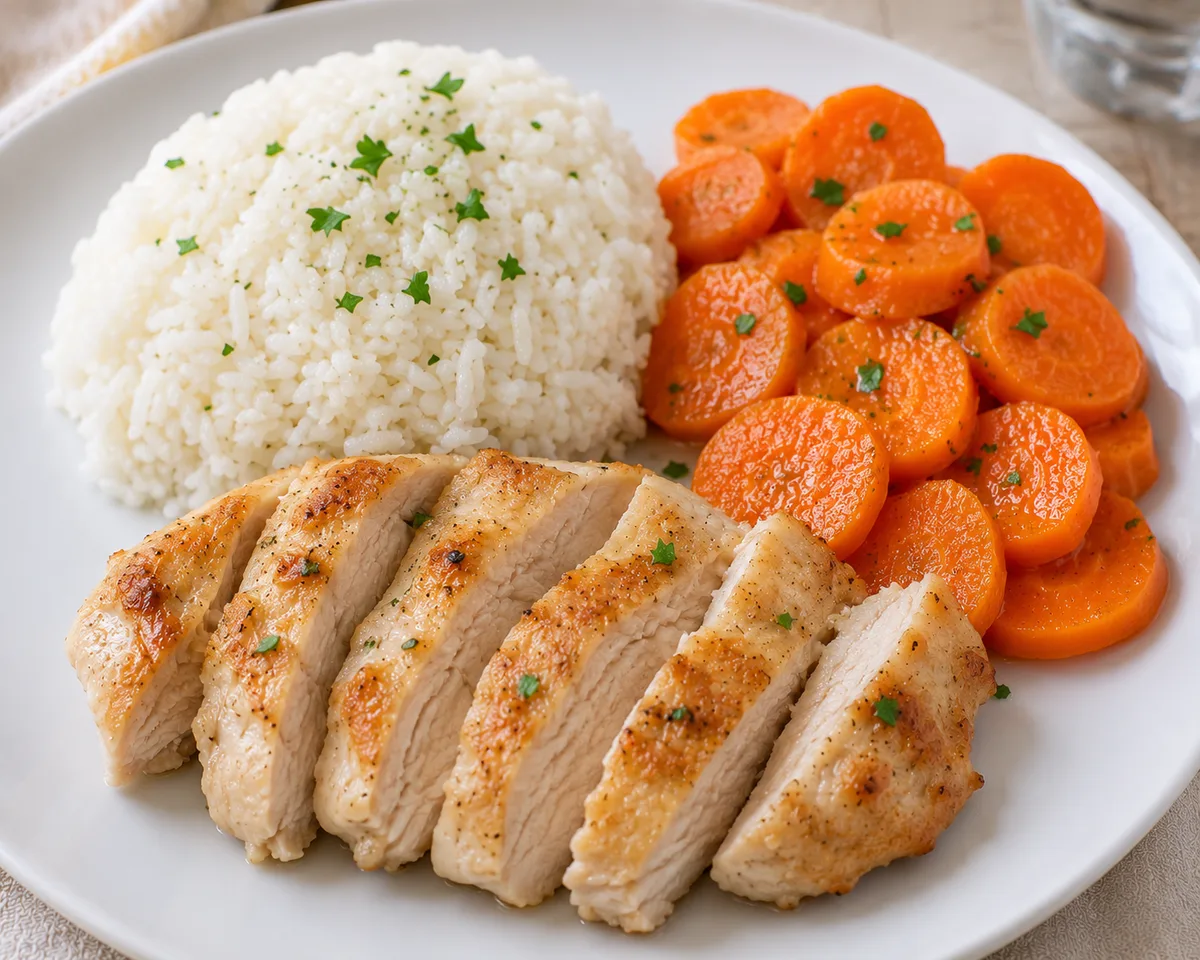 Blanc de poulet vapeur, riz blanc et carottes fondantes