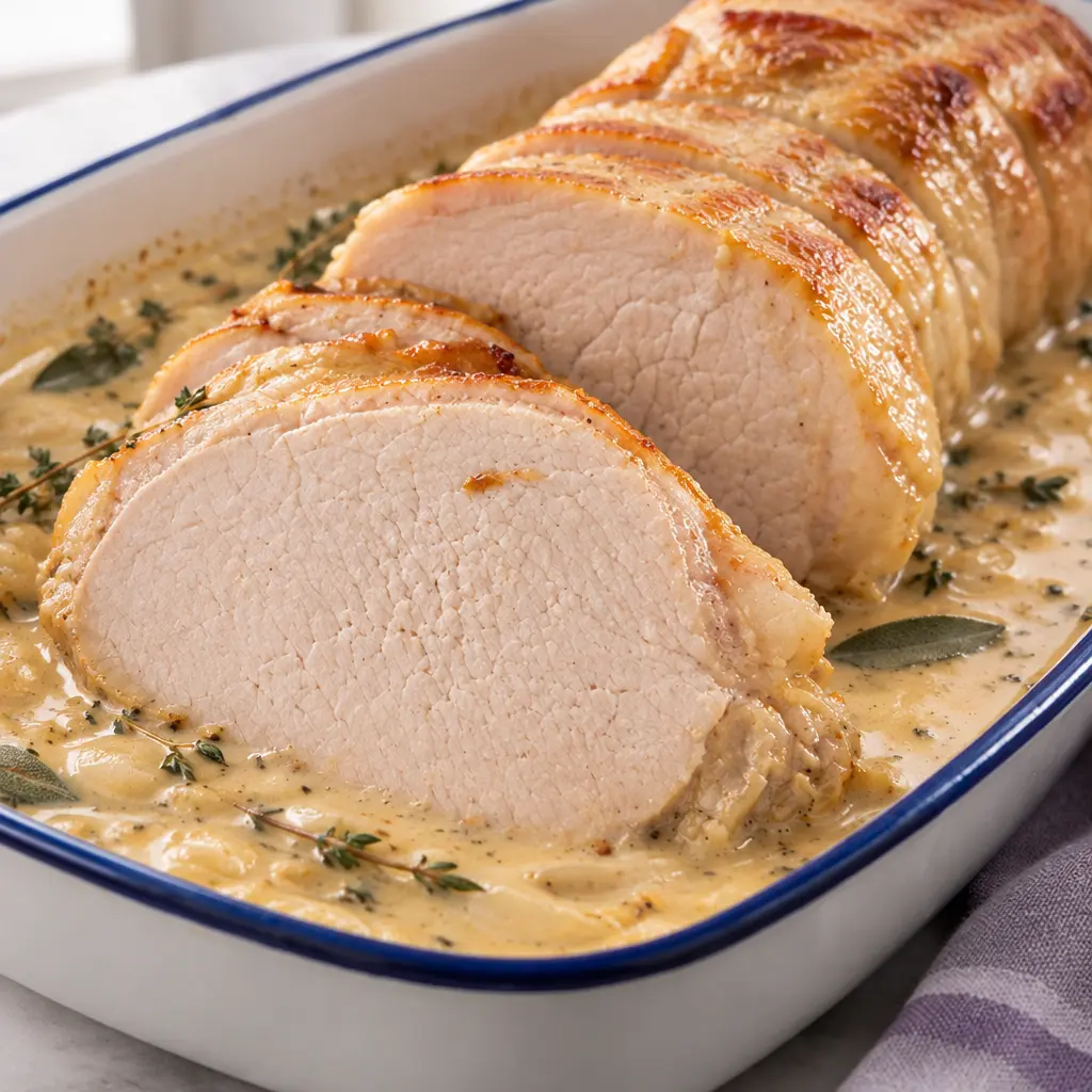 Rôti de porc mijoté à la crème, tendre et doré