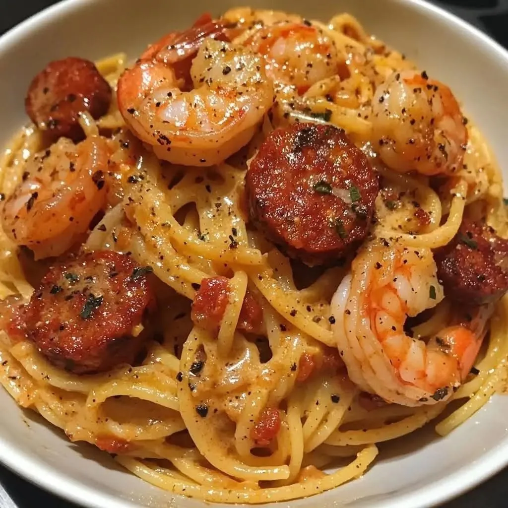 Spaghetti à la Crème de Poivron, Chorizo et Crevettes