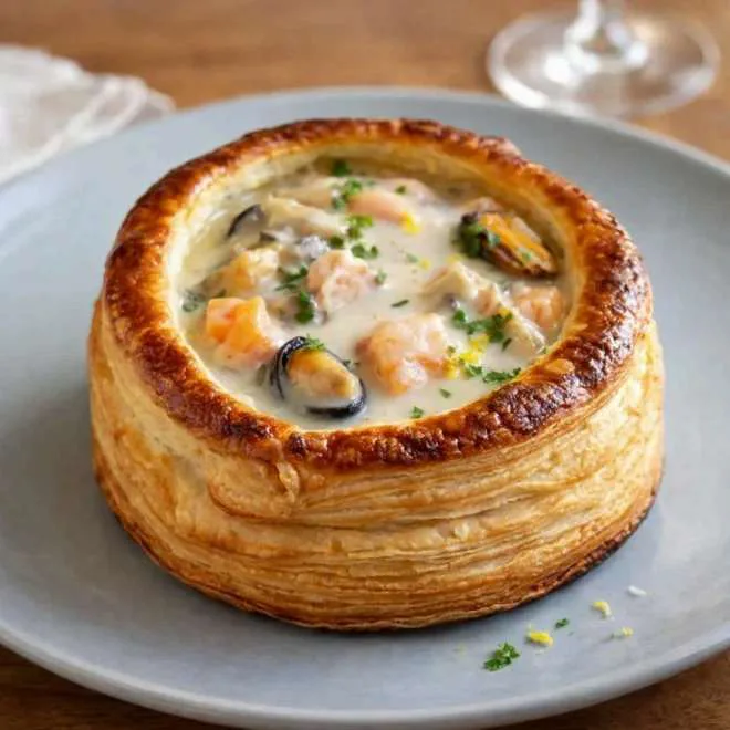 Vol-au-Vent aux Fruits de Mer, sauce veloutée au vin blanc