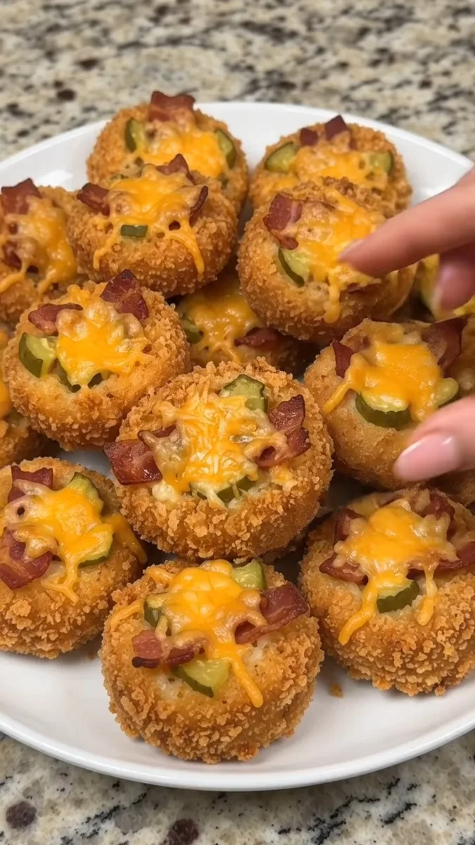 Bouchées de Pommes de Terre au Cheddar, Bacon, Hamburger Chargé et Cornichon à l'Aneth
