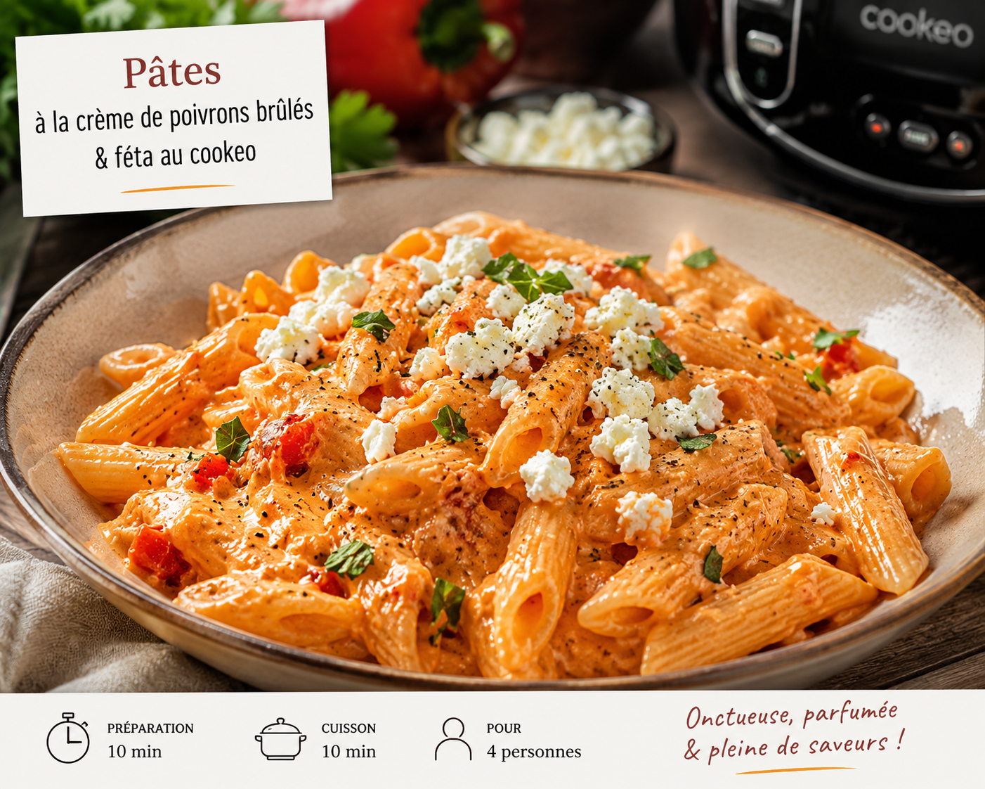Pâtes à la crème de poivrons brûlés & féta au cookeo
