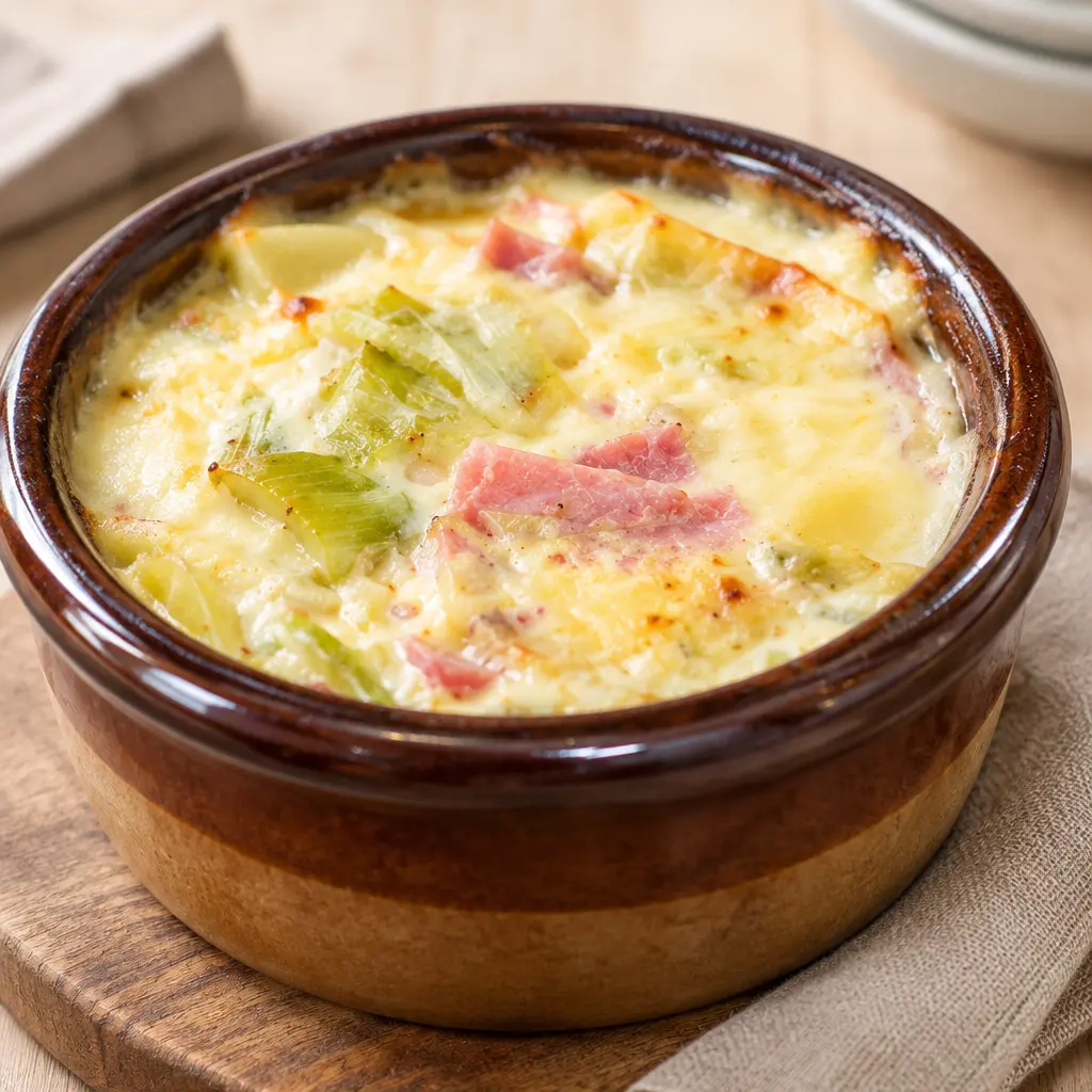 Gratin crémeux de poireaux, jambon et pommes de terre