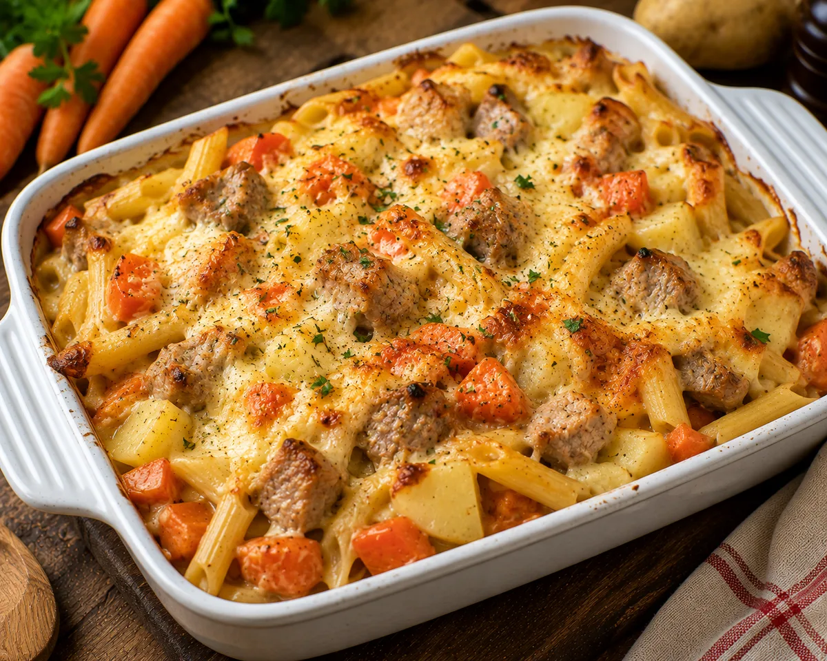 Gratin de pâtes au porc, carottes et pommes de terre