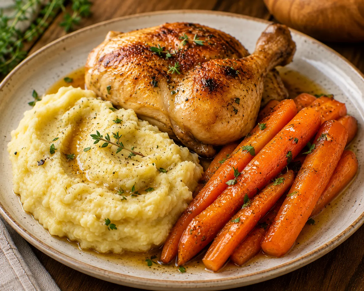 Poulet rôti, écrasé de pomme de terre et carotte glacée