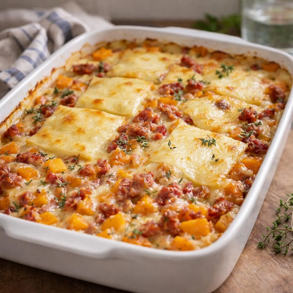 Gratin de butternut à la raclette et lardons fumés