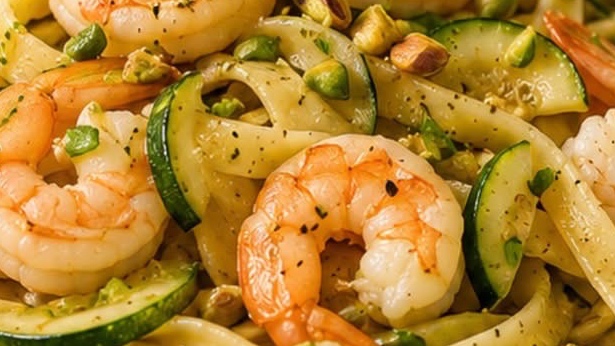 Fettuccine aux Crevettes, Courgettes et Éclats de Pistaches