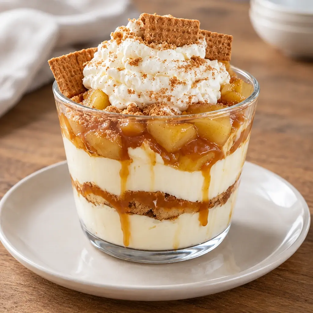 Verrine de pommes caramélisées, crème et biscuits