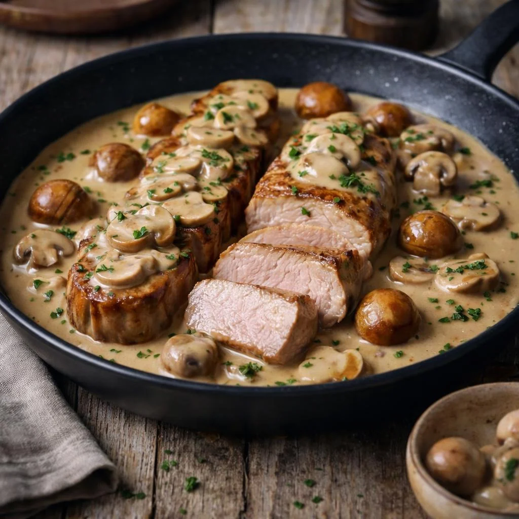 Filet mignon de porc aux champignons à la crème, échalotes et herbes fraîches
