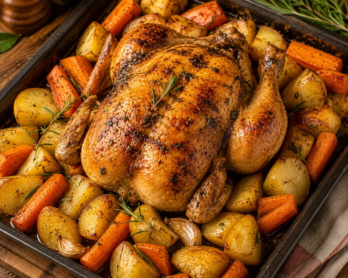 Poulet rôti aux pommes de terre et carottes