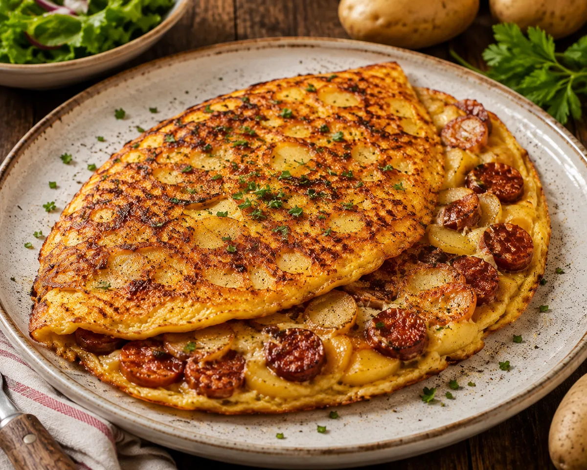 OMELETTE AUX POMMES DE TERRE PARFAITEMENT CROUSTILLANTE AVEC SAUCISSE